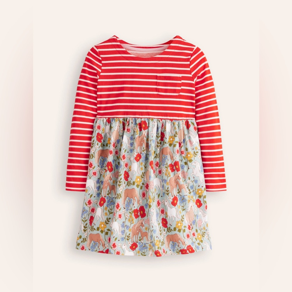 MiniBoden Long Sleeve Hotchpotch Jersey Dress in Strawberry Red Pony Floral 6/7